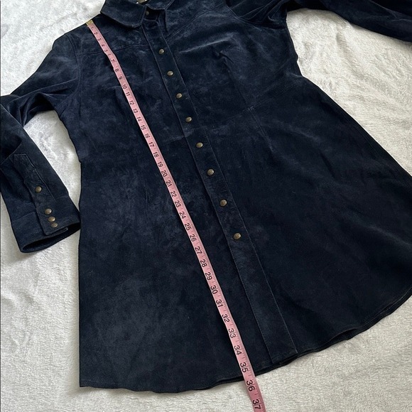 Womens Soft Suede Leather Shirt Dress Duster Western Preppy Cowgirl Navy Blue M - Picture 6 of 9